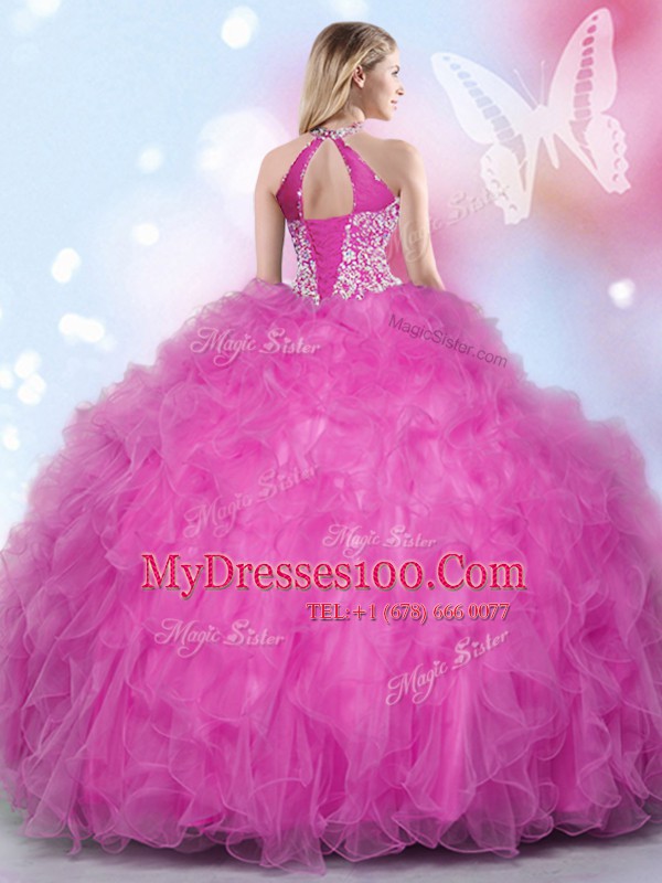 Fashionable Ball Gowns 15 Quinceanera Dress Hot Pink Halter Top Tulle Sleeveless Floor Length Lace Up