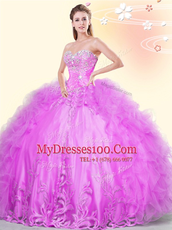 High Class Lilac Sweetheart Neckline Beading and Appliques and Ruffles 15th Birthday Dress Sleeveless Lace Up