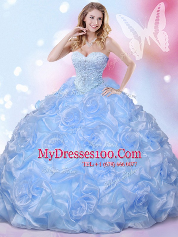 Romantic Fabric With Rolling Flowers Sweetheart Sleeveless Lace Up Beading and Pick Ups Quinceanera Dress in Blue