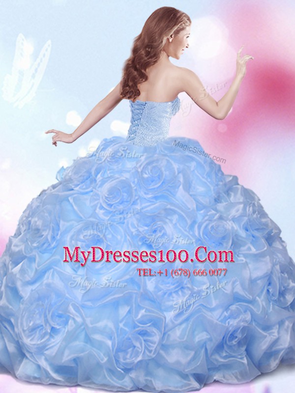 Romantic Fabric With Rolling Flowers Sweetheart Sleeveless Lace Up Beading and Pick Ups Quinceanera Dress in Blue