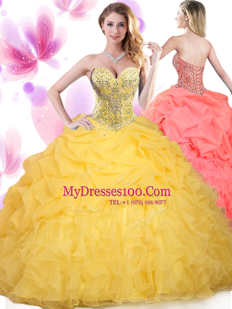 Beauteous Ruffled Gold Sleeveless Tulle Lace Up Vestidos de Quinceanera for Military Ball and Sweet 16 and Quinceanera