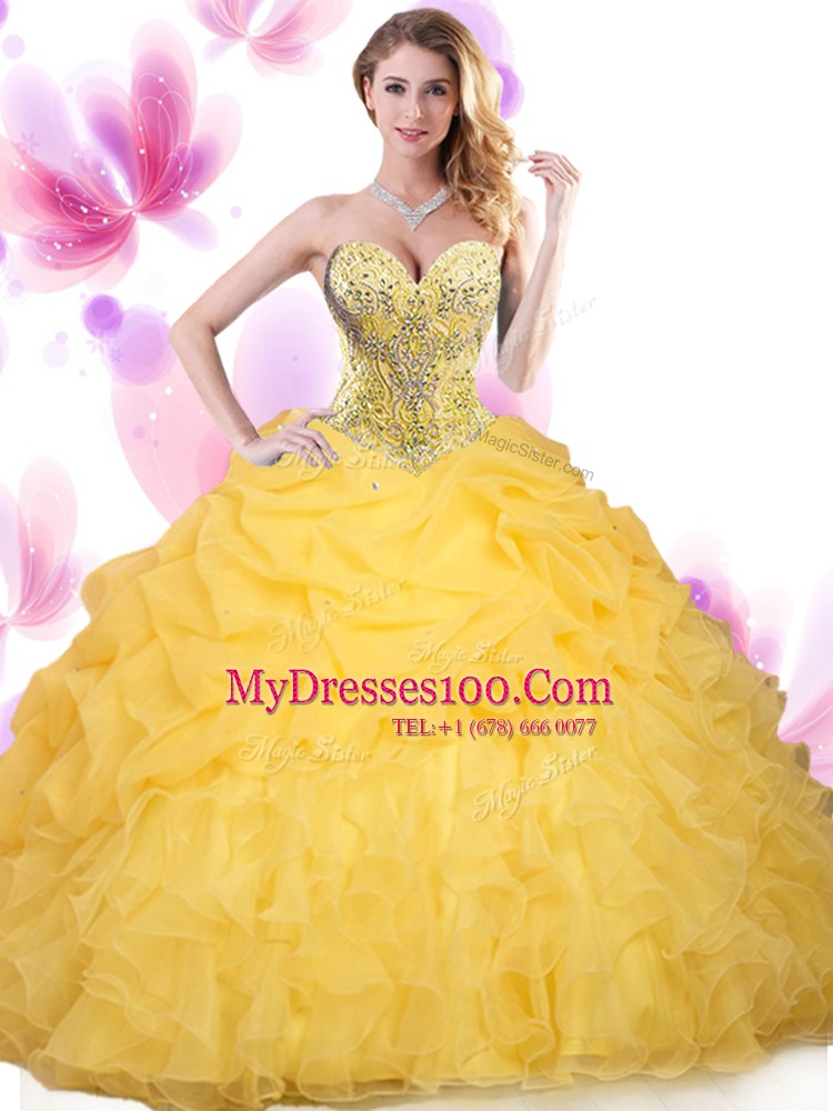 Beauteous Ruffled Gold Sleeveless Tulle Lace Up Vestidos de Quinceanera for Military Ball and Sweet 16 and Quinceanera