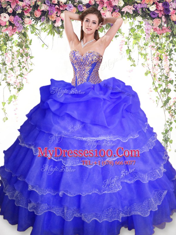 New Style Pick Ups Ruffled Floor Length Blue Sweet 16 Dresses Sweetheart Sleeveless Lace Up