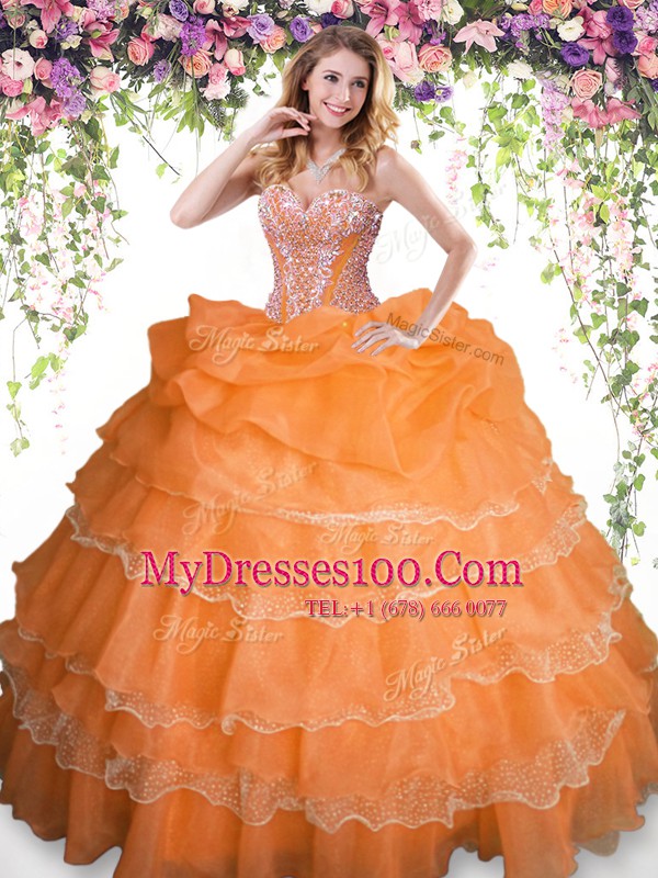 Dramatic Orange Sweet 16 Quinceanera Dress Military Ball and Sweet 16 and Quinceanera and For with Beading and Ruffled Layers and Pick Ups Sweetheart Sleeveless Lace Up