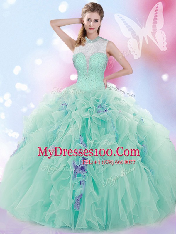 Ideal Apple Green Quinceanera Dress Military Ball and Sweet 16 and Quinceanera and For with Beading and Ruffles High-neck Sleeveless Lace Up