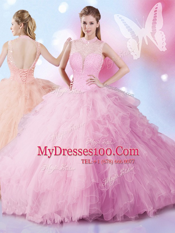 Rose Pink Ball Gown Prom Dress Military Ball and Sweet 16 and Quinceanera and For with Beading and Ruffles Sleeveless Lace Up