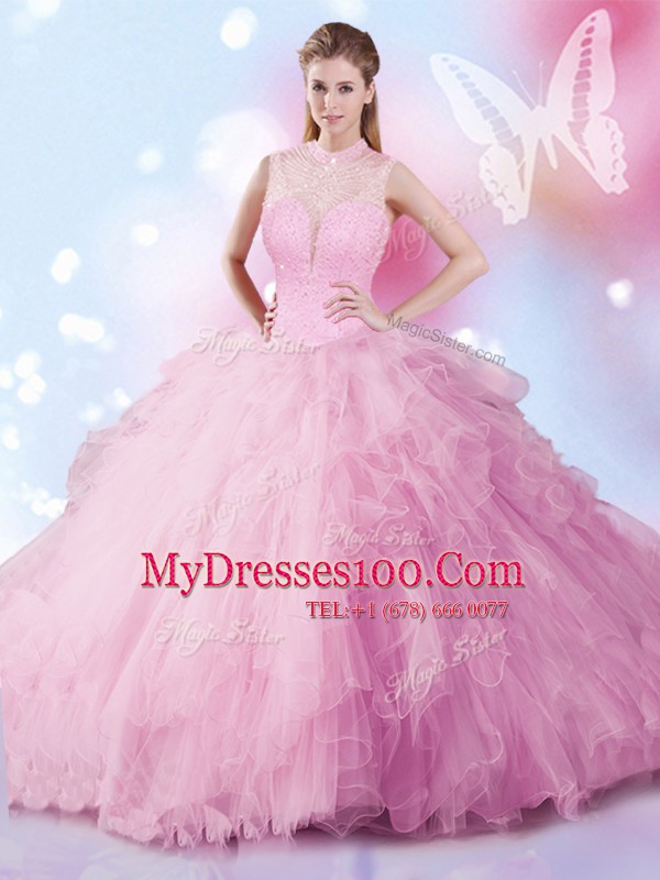 Rose Pink Ball Gown Prom Dress Military Ball and Sweet 16 and Quinceanera and For with Beading and Ruffles Sleeveless Lace Up