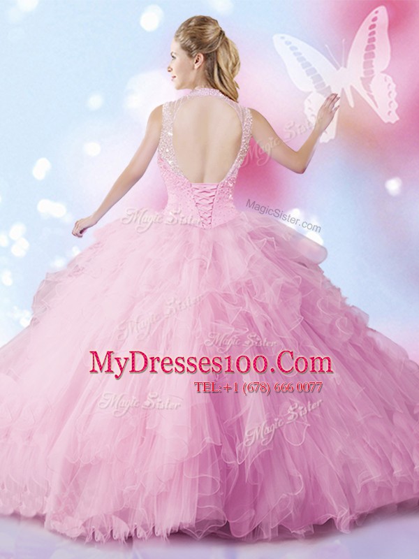 Rose Pink Ball Gown Prom Dress Military Ball and Sweet 16 and Quinceanera and For with Beading and Ruffles Sleeveless Lace Up