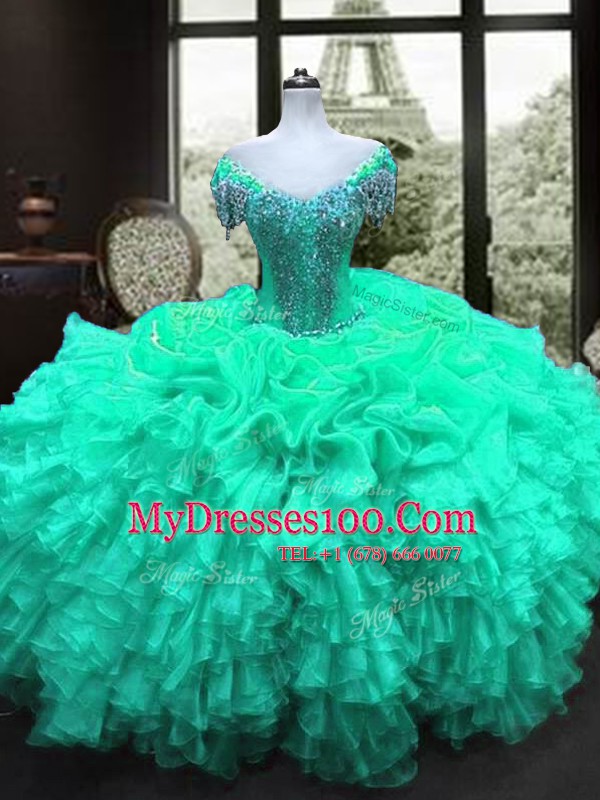 Suitable Turquoise Sweetheart Lace Up Beading and Ruffles Quinceanera Gown Cap Sleeves