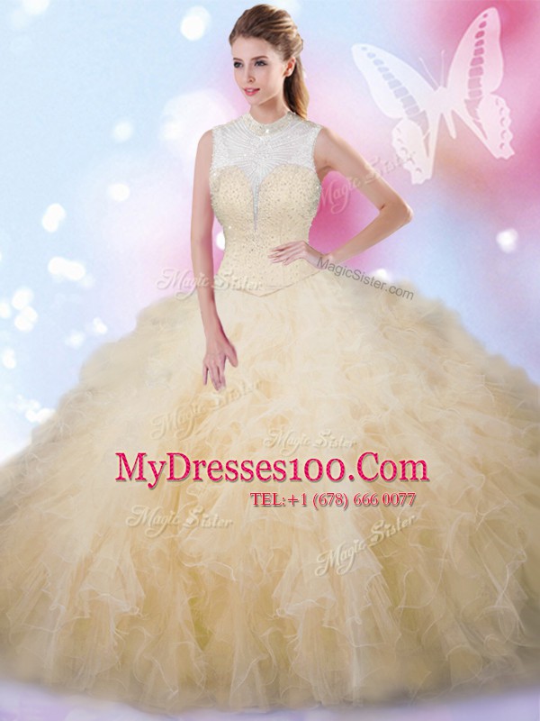 Champagne Quinceanera Gowns Military Ball and Sweet 16 and Quinceanera and For with Beading and Ruffles High-neck Sleeveless Lace Up