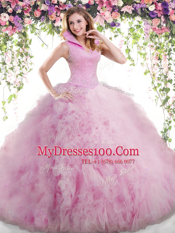 Exquisite Backless Floor Length Lilac Quinceanera Gown Tulle Sleeveless Beading and Ruffles