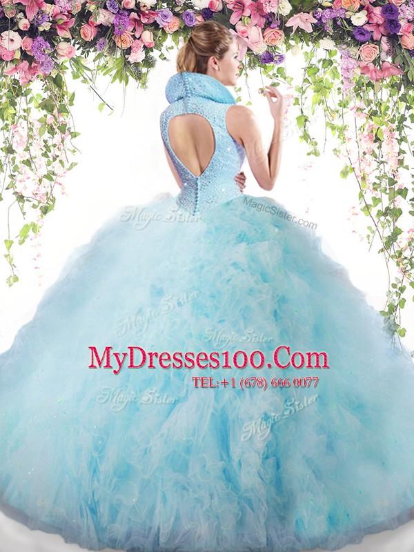 Exquisite Backless Floor Length Lilac Quinceanera Gown Tulle Sleeveless Beading and Ruffles