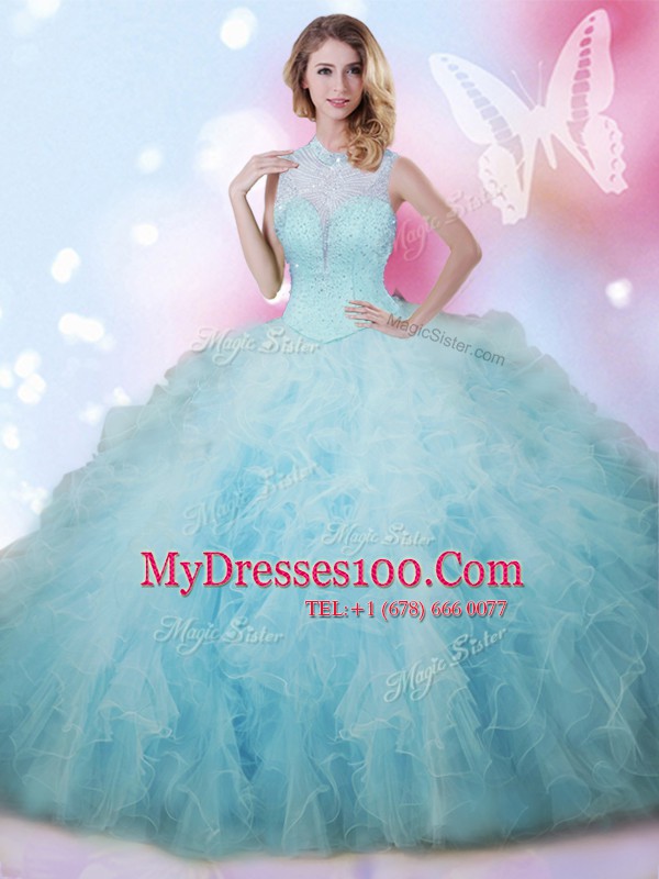 Sleeveless Tulle Floor Length Lace Up Quinceanera Dresses in Baby Blue with Beading and Ruffles