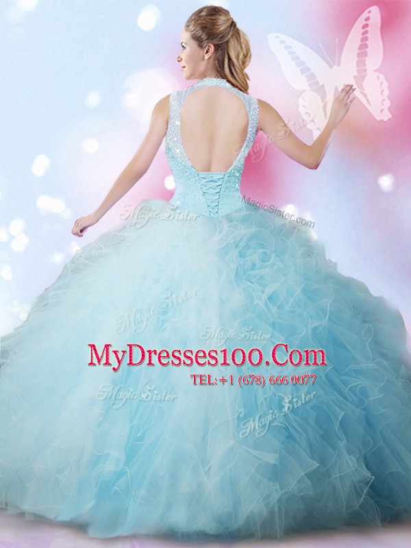 Sleeveless Tulle Floor Length Lace Up Quinceanera Dresses in Baby Blue with Beading and Ruffles