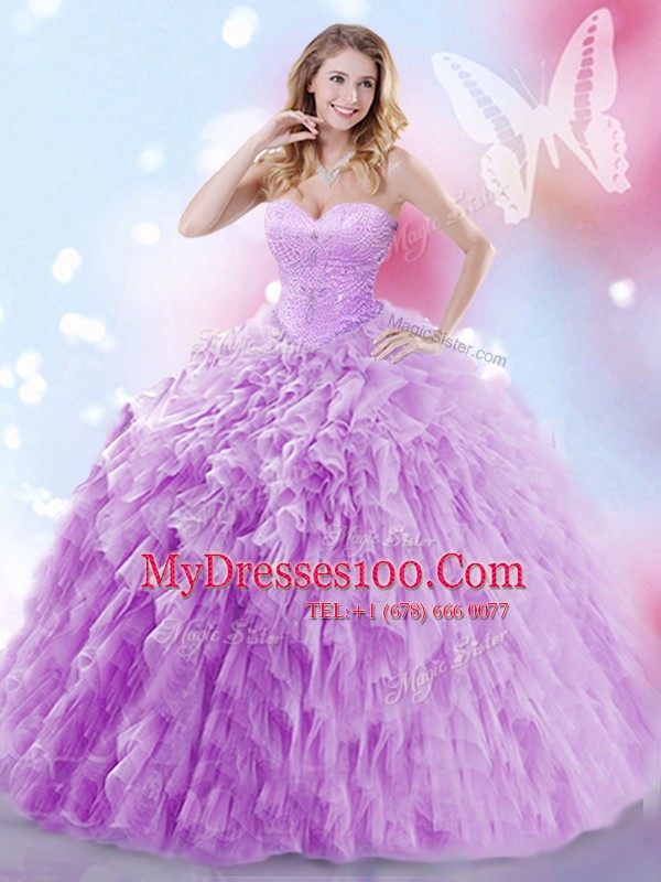 Lavender Quinceanera Dresses Military Ball and Sweet 16 and Quinceanera and For with Beading and Ruffles Sweetheart Sleeveless Brush Train Lace Up
