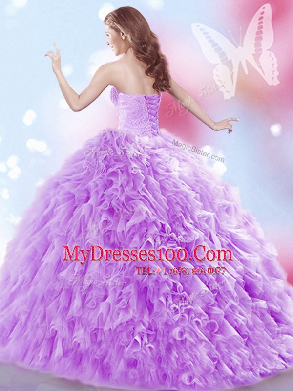 Lavender Quinceanera Dresses Military Ball and Sweet 16 and Quinceanera and For with Beading and Ruffles Sweetheart Sleeveless Brush Train Lace Up