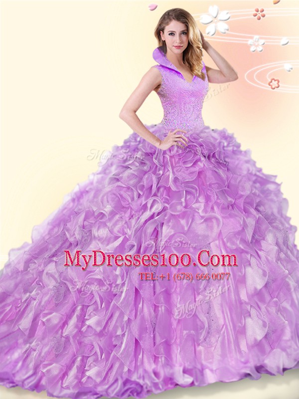 Decent Sleeveless Brush Train Backless Beading and Ruffles Sweet 16 Quinceanera Dress