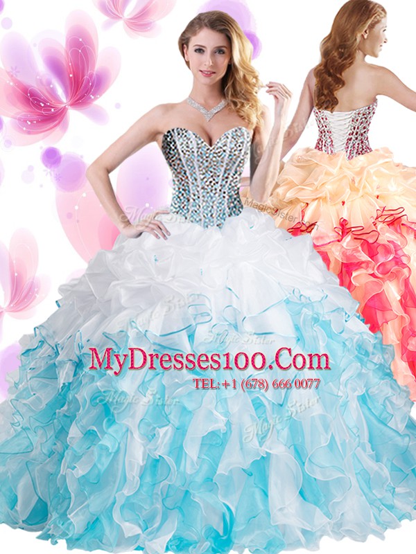 Excellent Floor Length Blue And White Quinceanera Dress Organza Sleeveless Beading and Ruffles