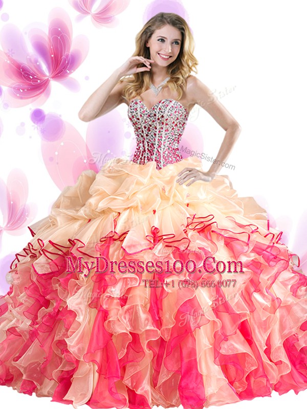 Excellent Floor Length Blue And White Quinceanera Dress Organza Sleeveless Beading and Ruffles