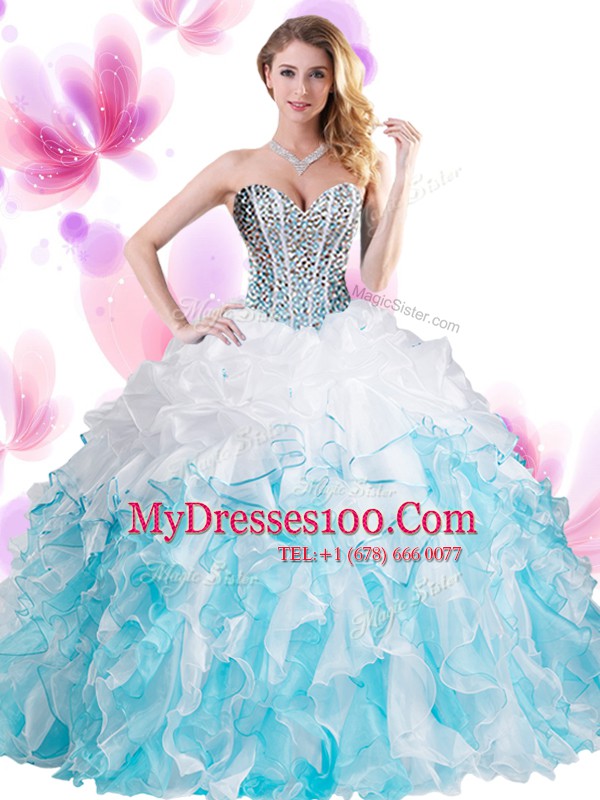 Excellent Floor Length Blue And White Quinceanera Dress Organza Sleeveless Beading and Ruffles