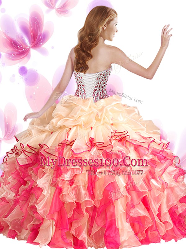 Excellent Floor Length Blue And White Quinceanera Dress Organza Sleeveless Beading and Ruffles