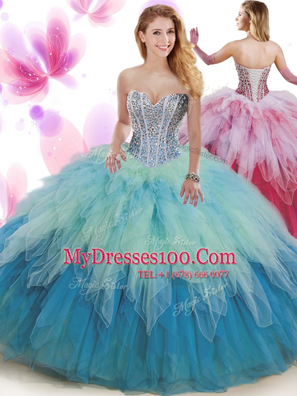 Floor Length Lace Up Quinceanera Gowns Multi-color for Military Ball and Sweet 16 and Quinceanera with Beading and Ruffles