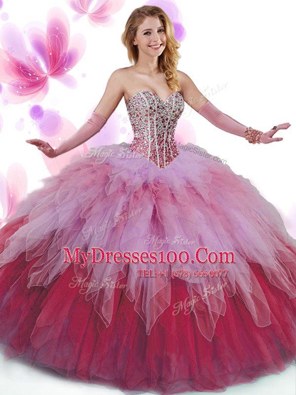 Floor Length Lace Up Quinceanera Gowns Multi-color for Military Ball and Sweet 16 and Quinceanera with Beading and Ruffles