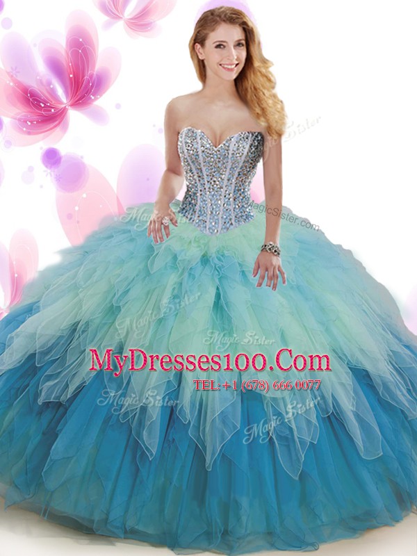 Floor Length Lace Up Quinceanera Gowns Multi-color for Military Ball and Sweet 16 and Quinceanera with Beading and Ruffles