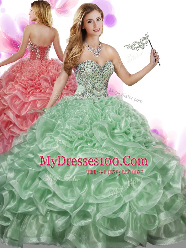 Best Selling Organza Sweetheart Sleeveless Lace Up Beading and Ruffles Quinceanera Gown in Green