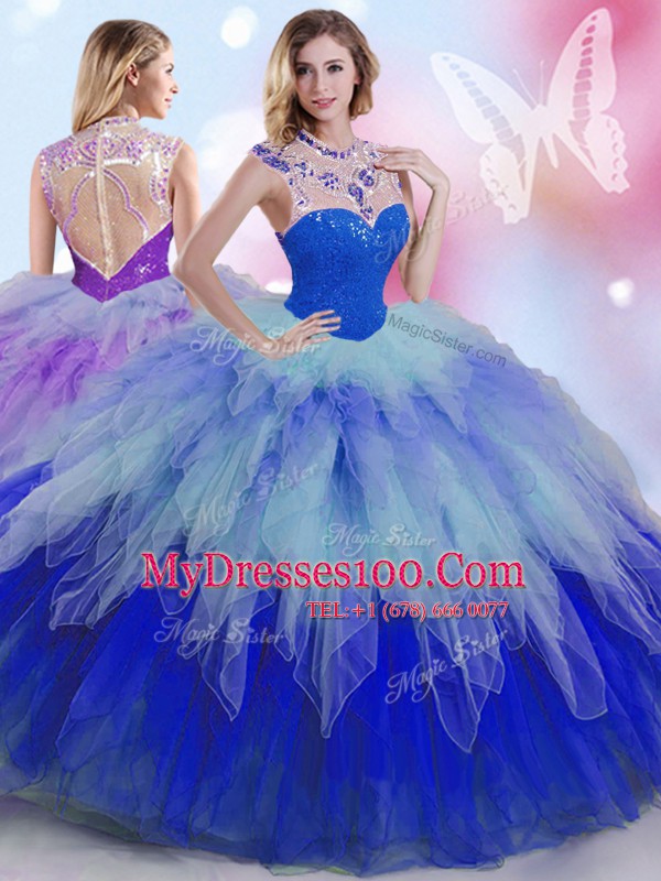 Sumptuous Multi-color Ball Gowns Tulle High-neck Sleeveless Beading and Ruffles Floor Length Zipper Sweet 16 Dresses