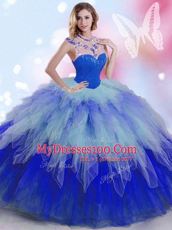 Sumptuous Multi-color Ball Gowns Tulle High-neck Sleeveless Beading and Ruffles Floor Length Zipper Sweet 16 Dresses