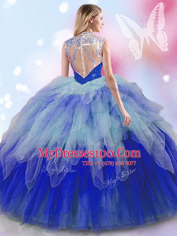 Sumptuous Multi-color Ball Gowns Tulle High-neck Sleeveless Beading and Ruffles Floor Length Zipper Sweet 16 Dresses