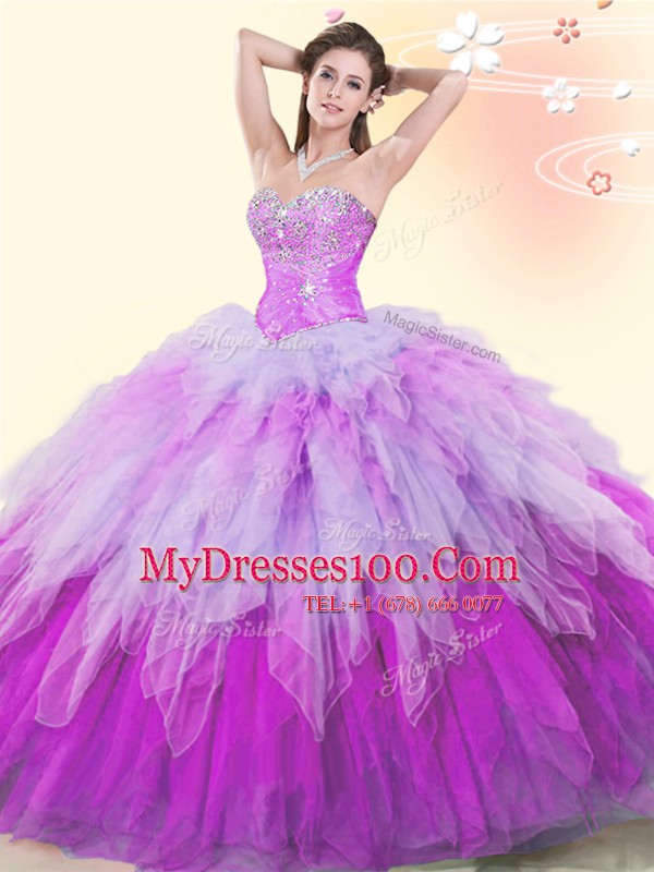 Customized Sweetheart Sleeveless Tulle Quinceanera Gown Beading and Ruffles Lace Up