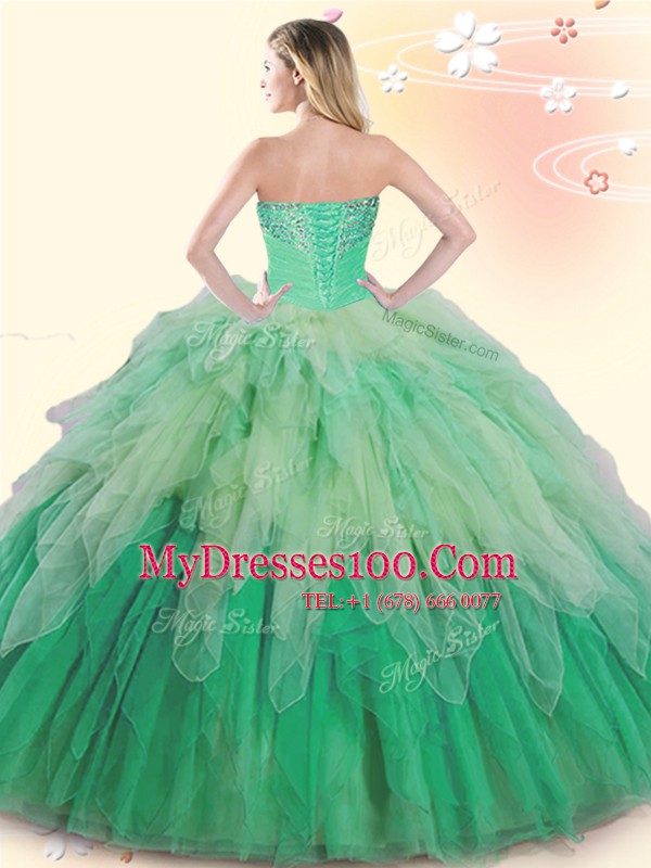 Customized Sweetheart Sleeveless Tulle Quinceanera Gown Beading and Ruffles Lace Up
