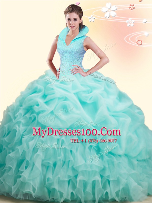Custom Made Pick Ups Brush Train Ball Gowns Sweet 16 Quinceanera Dress Apple Green High-neck Organza Sleeveless Backless