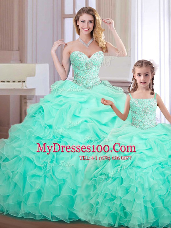 Apple Green Sleeveless Floor Length Beading and Ruffles and Pick Ups Lace Up 15 Quinceanera Dress