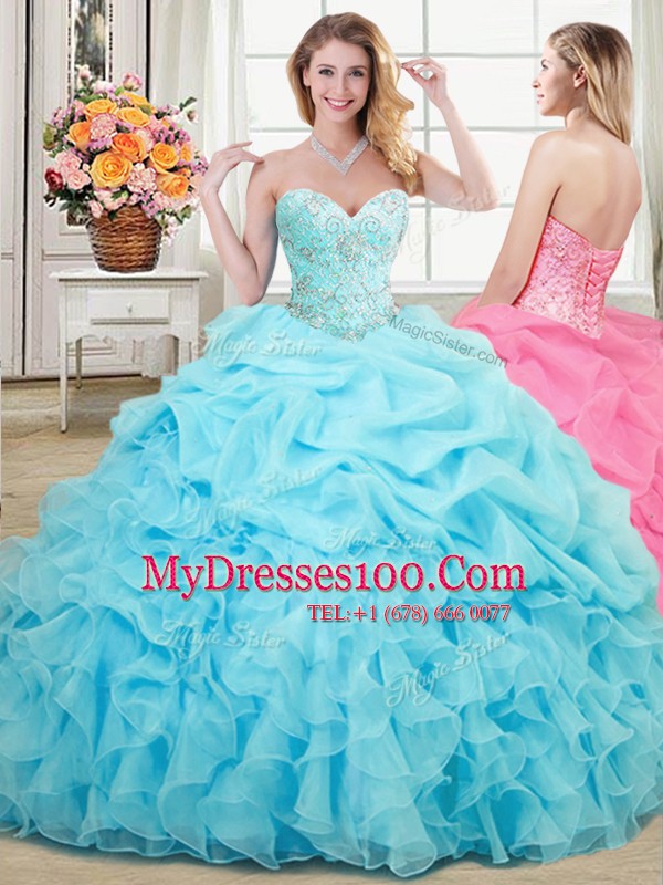 Sleeveless Organza Floor Length Lace Up 15 Quinceanera Dress in Aqua Blue with Beading and Ruffles and Pick Ups