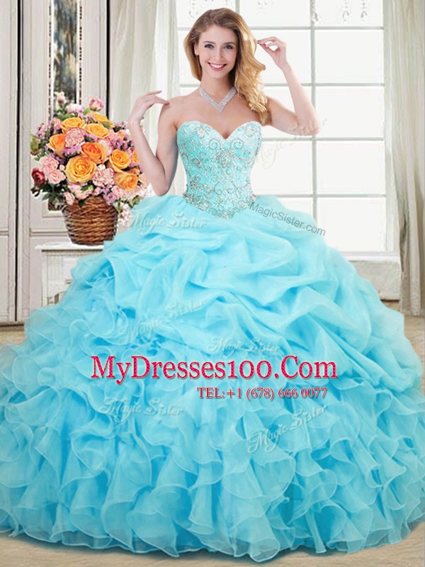 Sleeveless Organza Floor Length Lace Up 15 Quinceanera Dress in Aqua Blue with Beading and Ruffles and Pick Ups