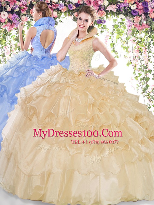 Champagne 15 Quinceanera Dress Military Ball and Sweet 16 and Quinceanera and For with Beading and Ruffled Layers High-neck Sleeveless Backless