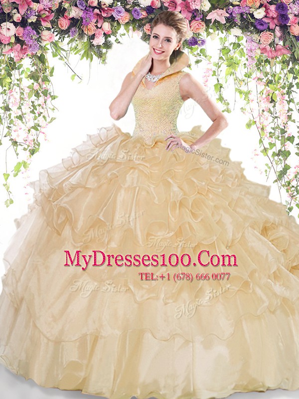 Champagne 15 Quinceanera Dress Military Ball and Sweet 16 and Quinceanera and For with Beading and Ruffled Layers High-neck Sleeveless Backless