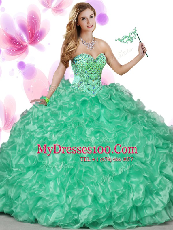 Sweet Beading and Ruffles Sweet 16 Dresses Green Lace Up Sleeveless Floor Length