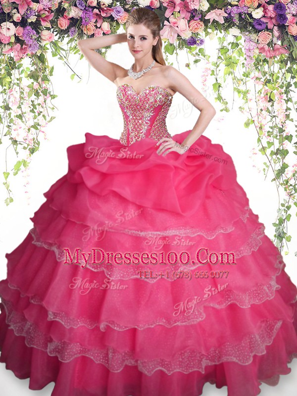 Pick Ups Ruffled Floor Length Ball Gowns Sleeveless Coral Red Quinceanera Gowns Lace Up