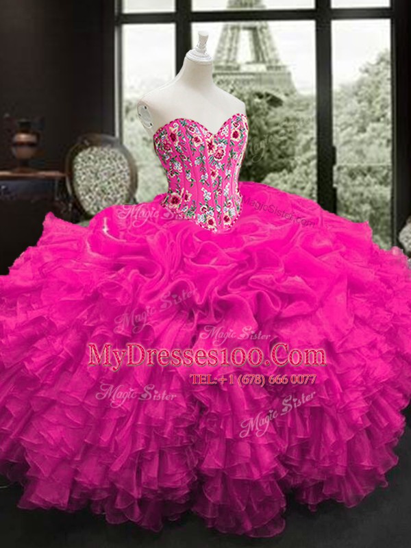 Floor Length Ball Gowns Sleeveless Fuchsia Quinceanera Gowns Lace Up
