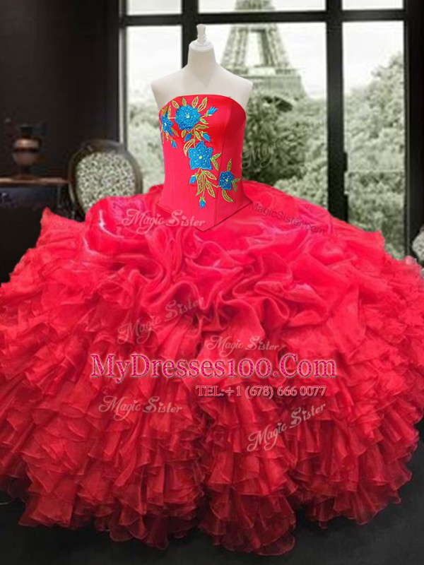 Red Strapless Neckline Embroidery and Ruffles Quinceanera Gown Sleeveless Lace Up