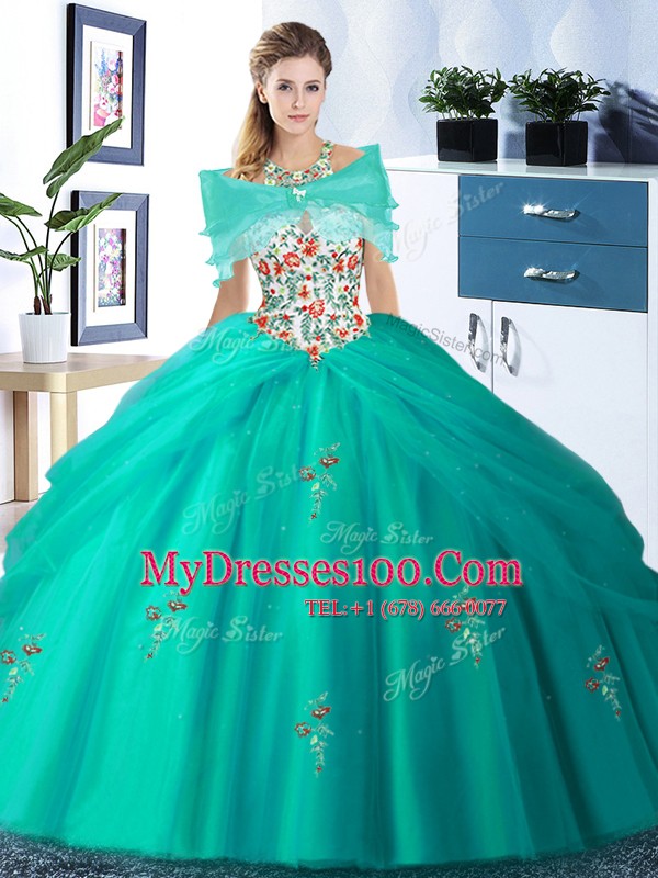 Four Piece Halter Top Tulle Sleeveless Floor Length Quinceanera Gown and Embroidery and Pick Ups