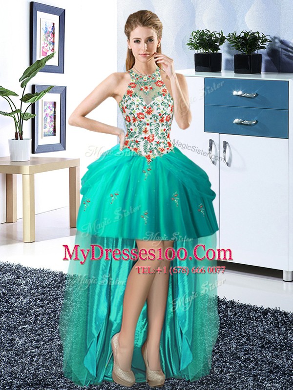 Four Piece Halter Top Tulle Sleeveless Floor Length Quinceanera Gown and Embroidery and Pick Ups