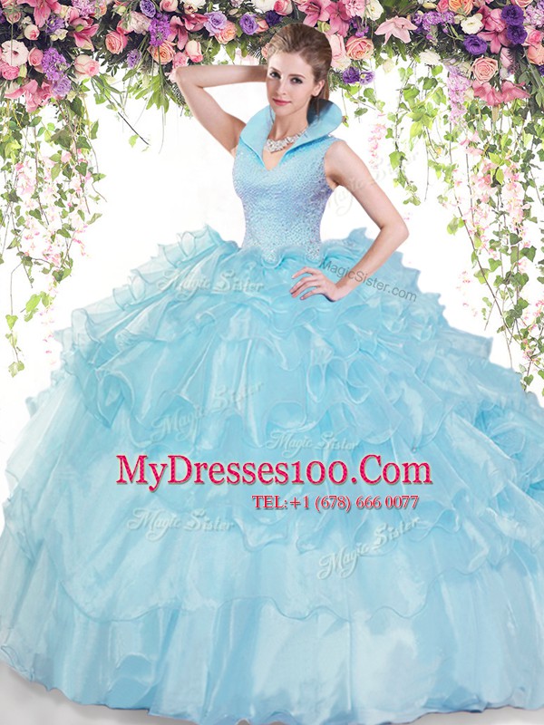 Ruffled Baby Blue Sleeveless Organza Backless Sweet 16 Quinceanera Dress for Military Ball and Sweet 16 and Quinceanera