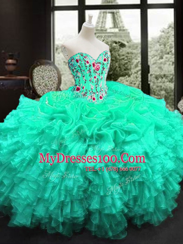 Organza Sweetheart Sleeveless Lace Up Embroidery and Ruffles Sweet 16 Dress in Turquoise
