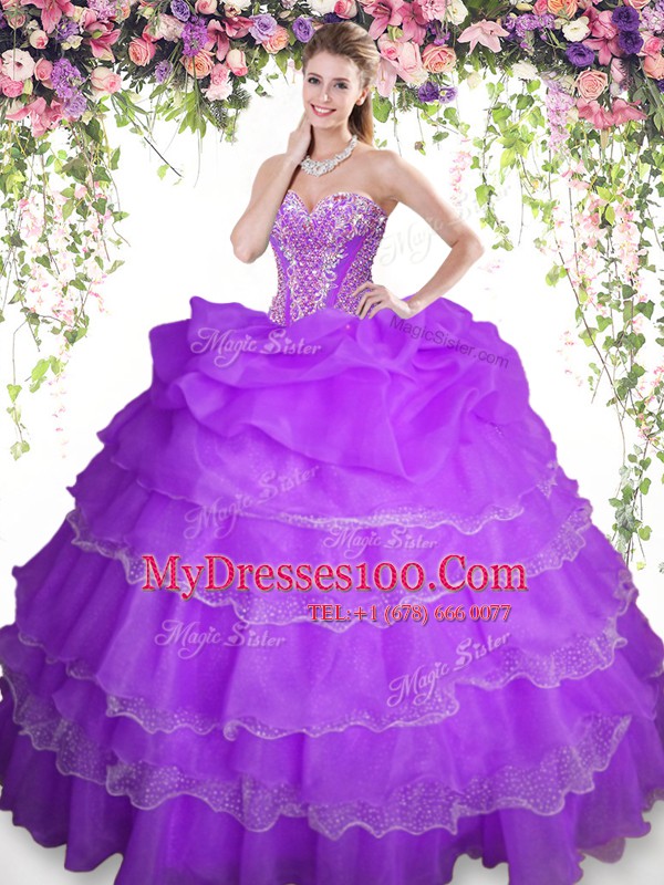 Flirting Purple Organza Lace Up Sweetheart Sleeveless Floor Length Quince Ball Gowns Beading and Ruffled Layers and Pick Ups