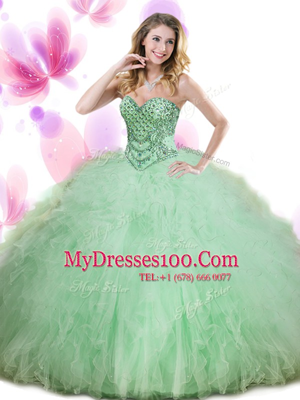 Floor Length Lace Up 15 Quinceanera Dress Apple Green for Military Ball and Sweet 16 and Quinceanera with Beading and Ruffles